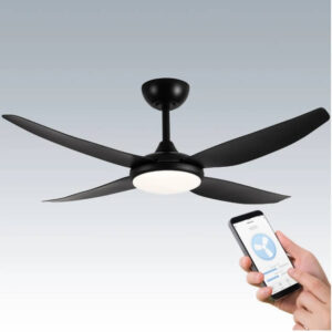 An image of a 21865/06 - Black Amari Smart 52" ceiling fan in front of a gray background. There is also a hand folding a mobile phone, pointed at the fan.