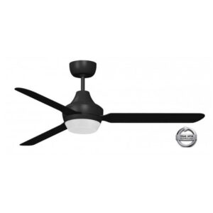 An image of a black Stanza ceiling fan with an acrylic light in front of a white background.
