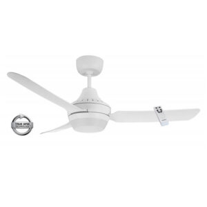 An image of a white STA1203WH-LR Stanza 1220mm 3-blade Ceiling Fan in front of a white background.