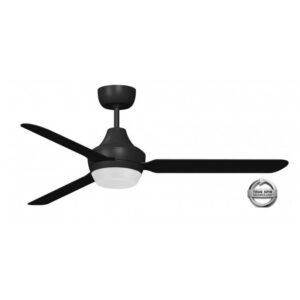 An image of a black Stanza 1400mm 3 Blade Ceiling Fan with Acrylic Light in front of a white background.