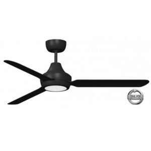 An image of a STA1403BLLED black STANZA 3 Blade Ceiling Fan with Light on a white background.