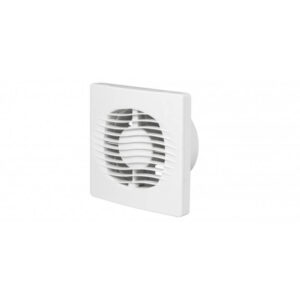 An image of a square, white exhaust fan in front of a white background.