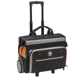 An image of a black and orange A-55452RTB Klein Tools Rolling Tool Bag in front of a white background.